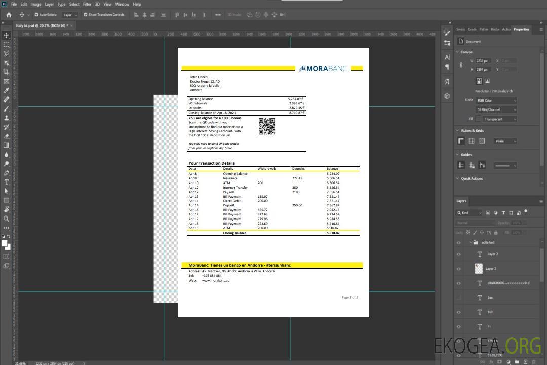 Andorre MoraBank relevé bancaire template Andorre MoraBank relevé bancaire template